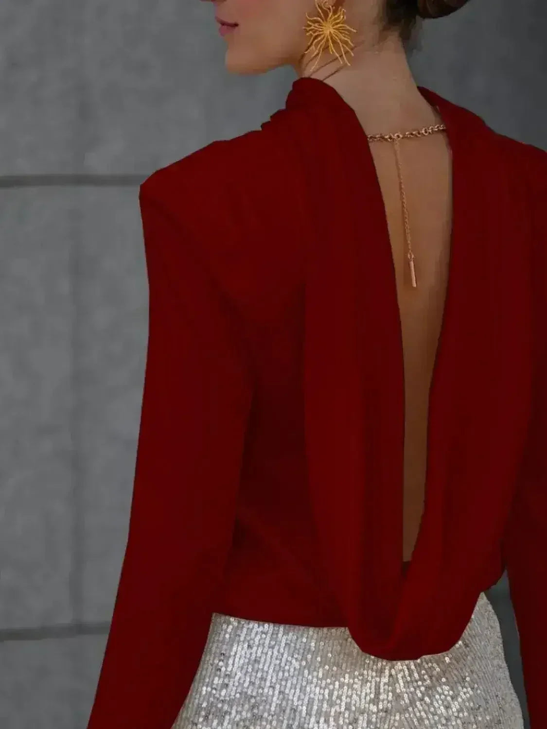 Backless Cowl Neck Long Sleeve Blouse – Elegant & Stylish | Femstylo - SJB-DIAMOND ELITES