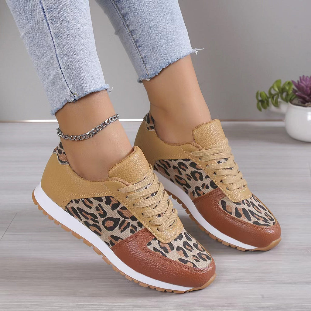 Women's Leopard Print Sneakers - Fashion Lace-Up PU Sports Shoes for Running/Walking (Non-Slip Rubber Sole, Breathable Mesh Lining) Pi-Mart