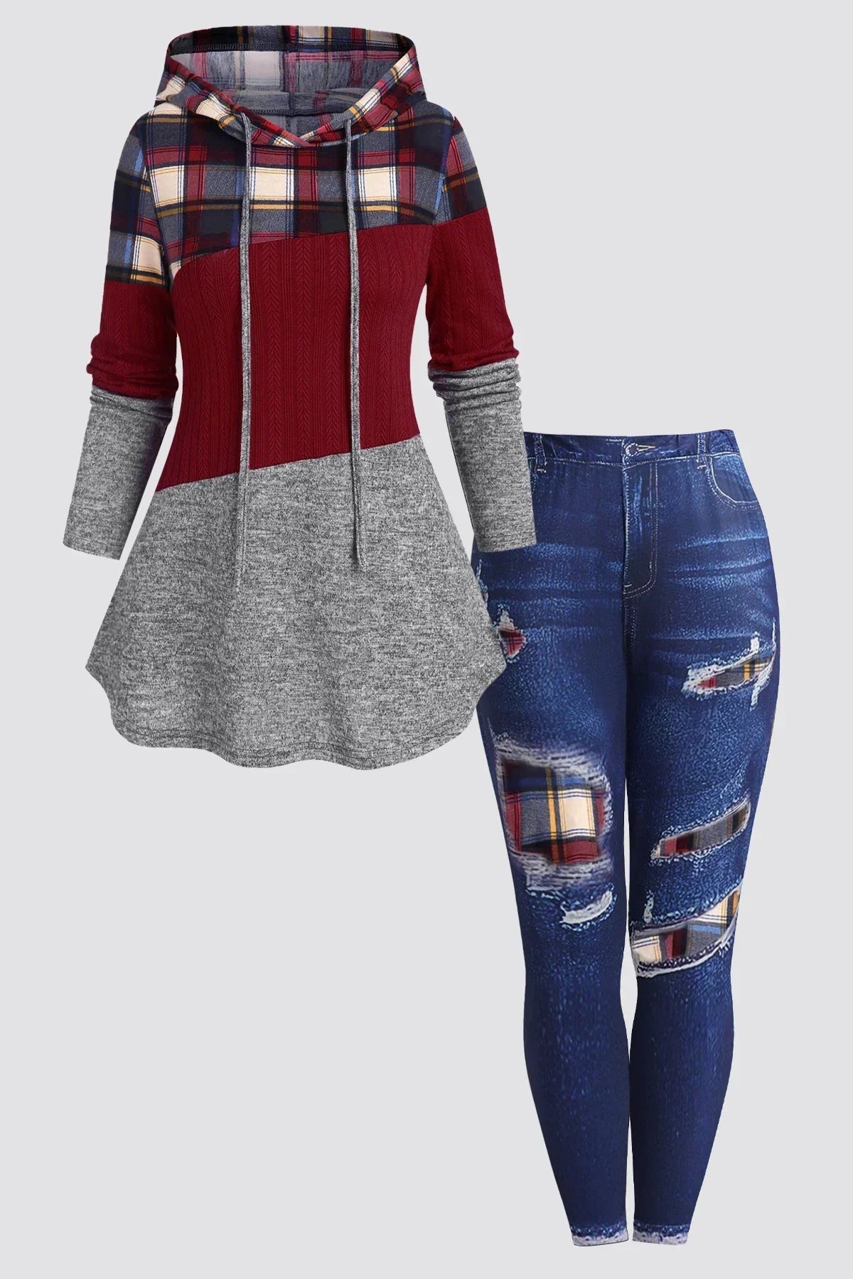 Plus Size Womens Suit Hooded Sweatshirts Colorblock Plaid Print Hoodie Drawstring Textured Tops Imitation Denim Pants Set L-5XL Purplish Diva
