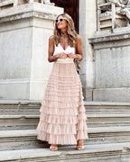 Layered Ruffles Cake Skirt Summer Fashion A Line Swing Mesh Long Skirt Party Dress Women Pi-Mart