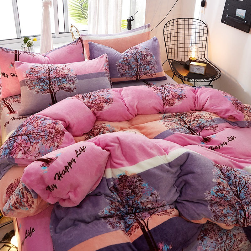 Flannel Bed Sheet Cover, Quilt Cover, Pillowcase And Bedding Set Of 4 Pi-Mart