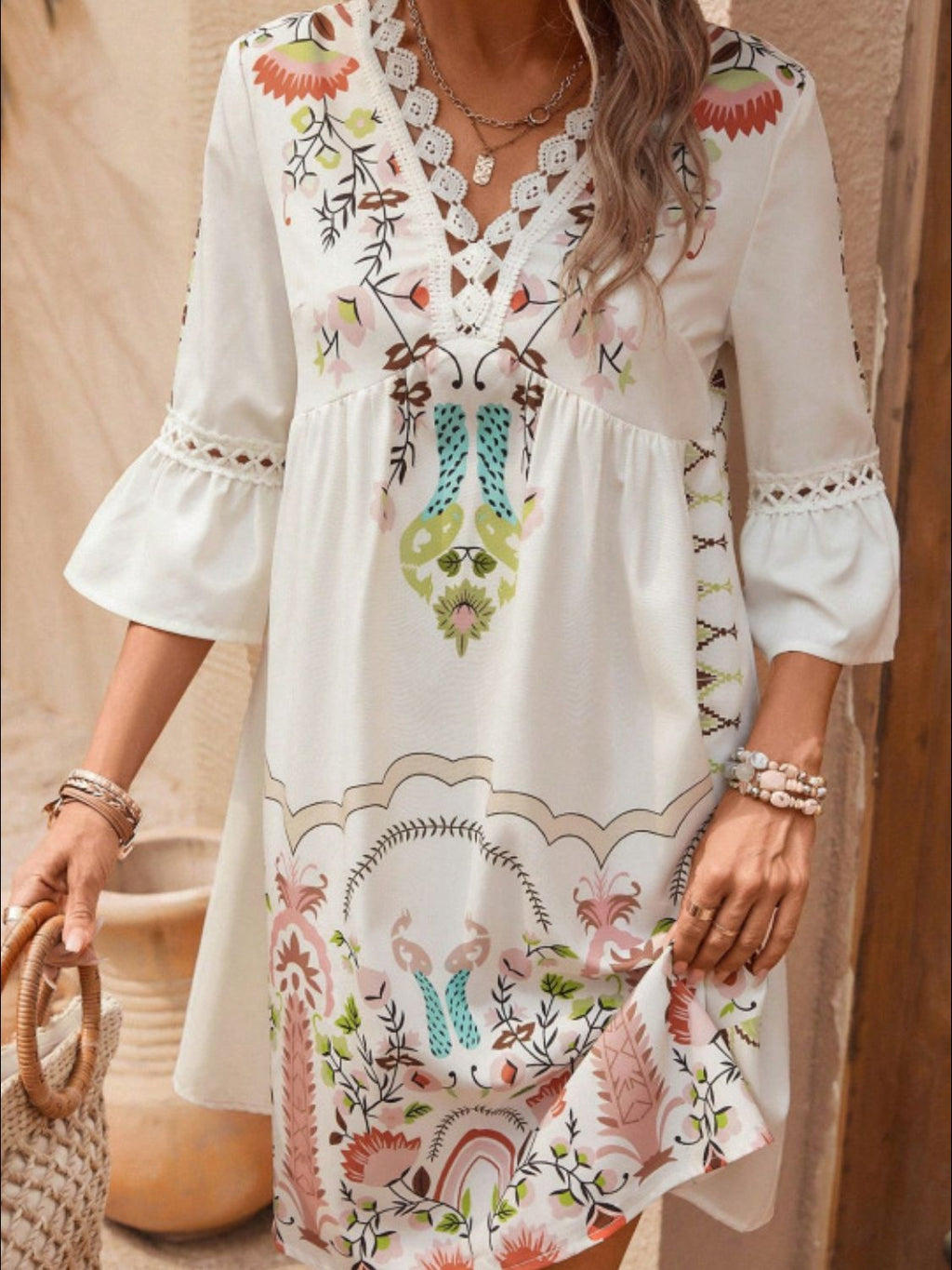 Exquisite Summer Feminine Lace Detail Printed Dress Chic Midi Lightweight Dress Stevvex