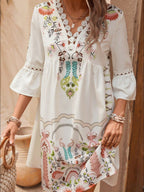Exquisite Summer Feminine Lace Detail Printed Dress Chic Midi Lightweight Dress Stevvex
