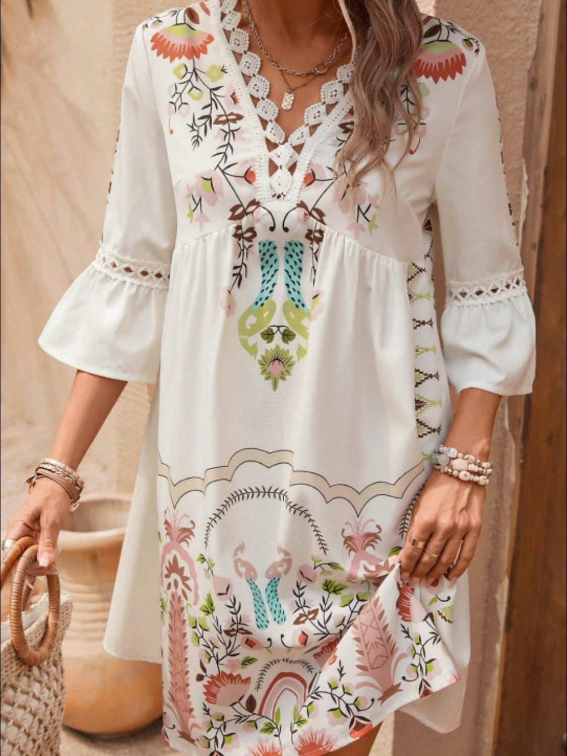 Exquisite Summer Feminine Lace Detail Printed Dress Chic Midi Lightweight Dress Stevvex