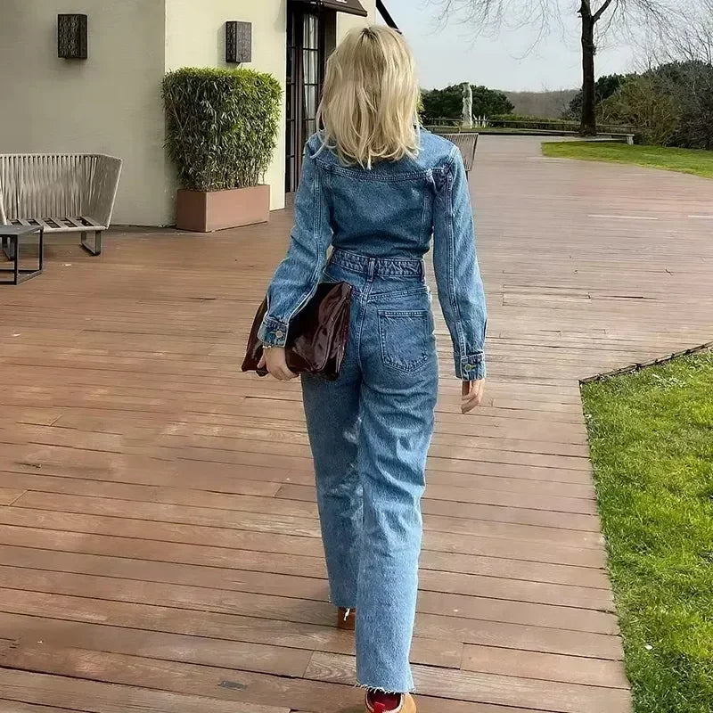 Autumn Denim Jumpsuit for Women Overalls Woman Jean Overalls Long Sleeve Elegant Jumpsuits Y2k Streetwear 2024 Turn Down Collar Purplish Diva