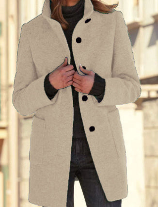 Fashion Stand Collar Woolen Coat With Pockets Fall Winter Casual Button Outwear For Women Clothing Pi-Mart