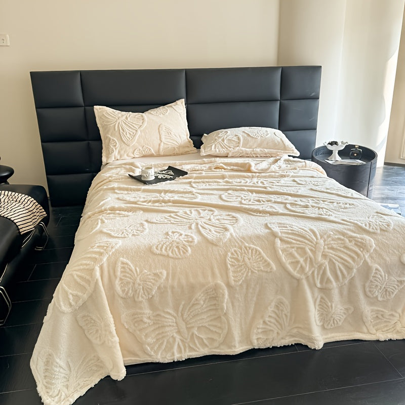 Cozy Taffeta Jacquard Butterfly Flannel Throw Blanket, Soft Polyester, Double-Sided Velvet, All-Season Comfort, Ideal For Office Naps & Bedding - White With Green Accents