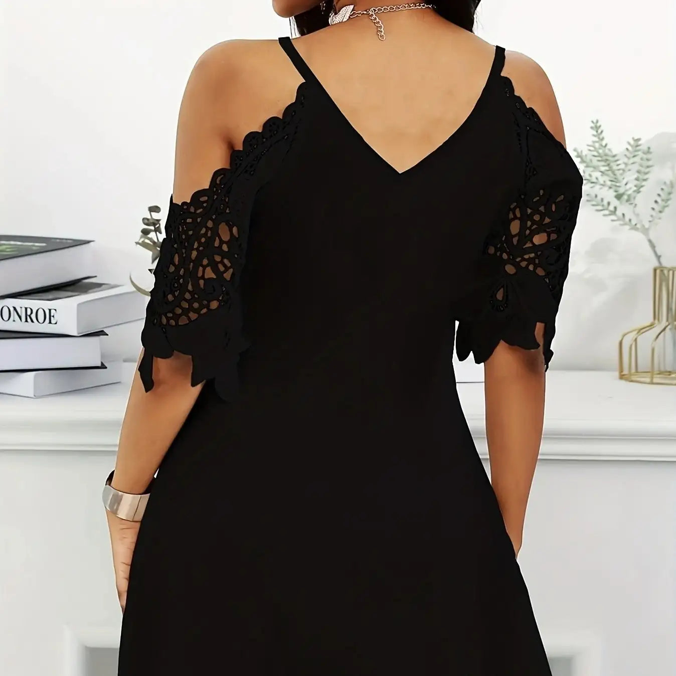 Ladies' V-neck Fashionable Loose Off Shoulder Half Sleeved One Shoulder Crochet Lace Hollow Out Casual Mini Dress - SJB-DIAMOND ELITES