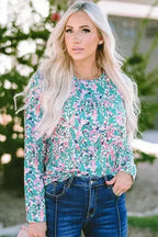 Green Floral Pleated Blouse - Relaxed Long Sleeve Top | Femstylo