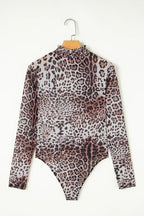 Brown Leopard Print Mesh Bodysuit Smocked Neck - Femstylo