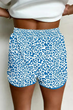 Blue Leopard Elastic Waist Lace up Contrast Trim Casual Shorts