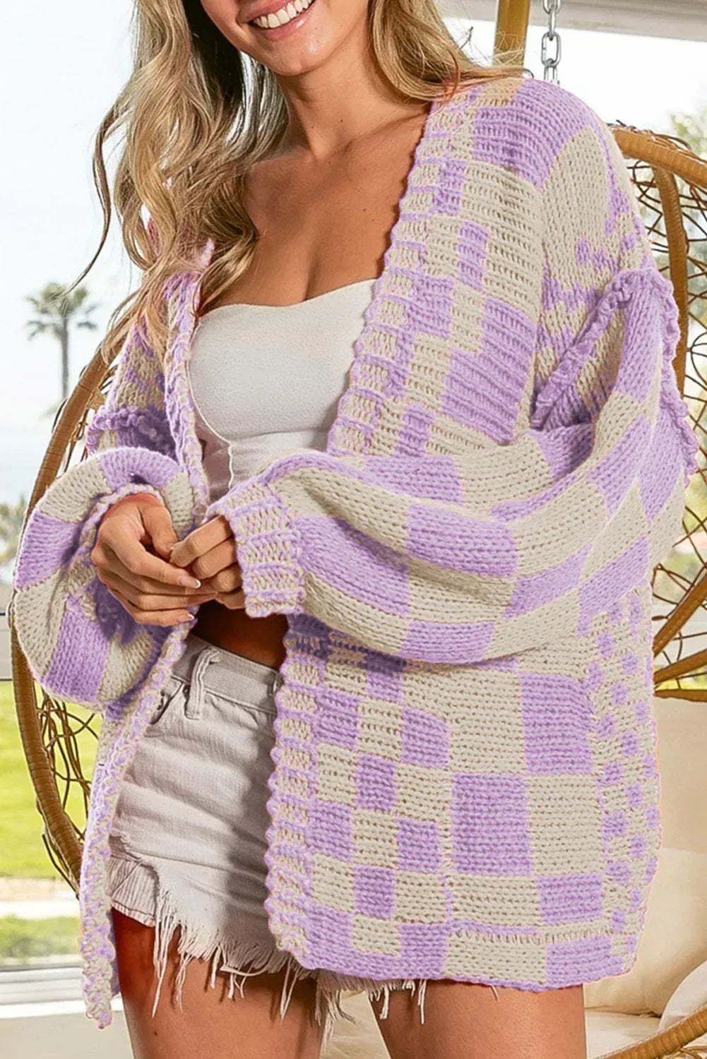Taupe Colorblock Checked Open Front Knitted Cardigan