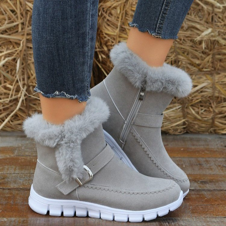 New Snow Boots Winter Warm Thickened Solid Color Plush Ankle Boots With Buckle Design Plus Velvet Flat Shoes For Women Pi-Mart