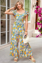 Yellow Floral Allover Print Shirred Cut Out High Waist Jumpsuit