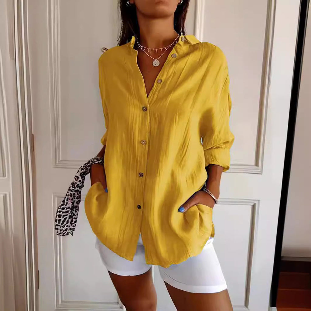 Lapel Long Sleeve Shirt Women's Single-breasted Pleated Shirt Pi-Mart
