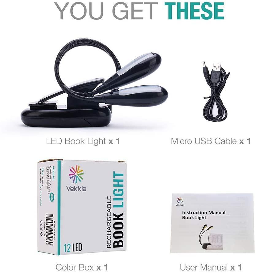 Super Adjustable Goosenecks Clip LED Lamp For Book Reading With Stand And Double Ligh  Rechargeable 12 LED Warm Book Light, Clip On Bed Reading Light, Music Stand Lamp, 2 Brightness & 2 Goosenecks Light Up 2 Full Pages. Perfect For Bookworms, Kids & Music - SJB-DIAMOND ELITES