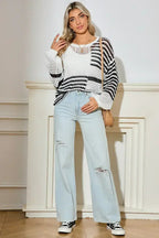 White Striped Lantern Sleeve Hollow Knitted Sweater