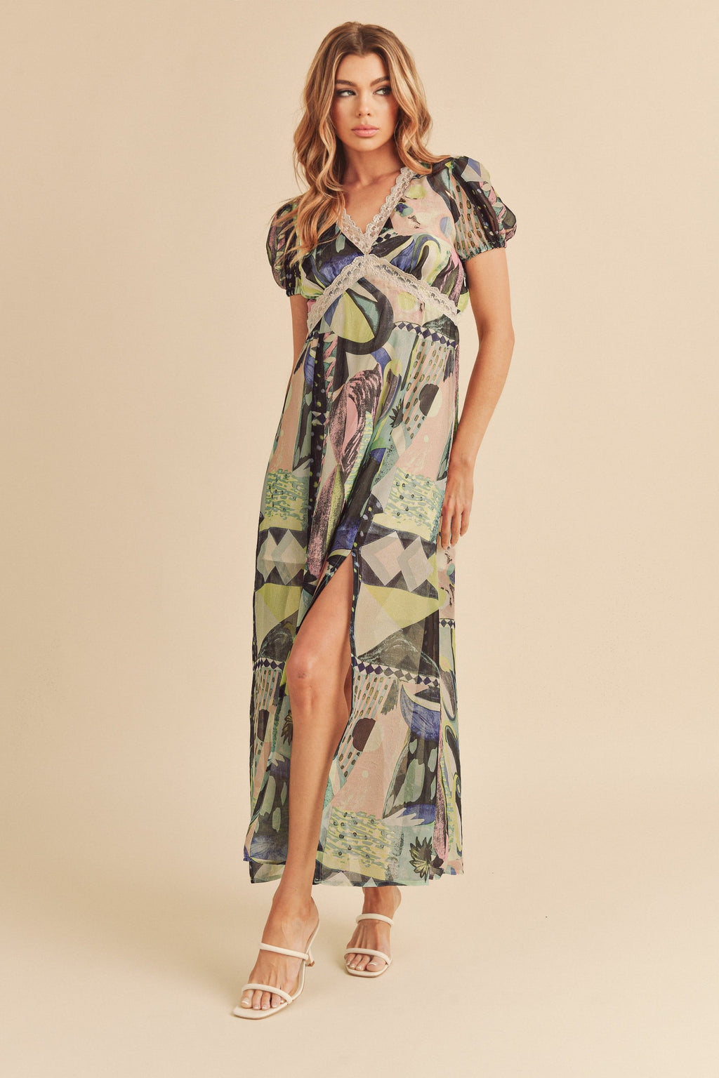 Lace Detail Slit Geometric Print Short Sleeve Maxi Comfortable Dress For Women, Elegant Lace, Alluring Slit, Sophisticated Geometric Print for Casual & Dressy Occasions Stevvex