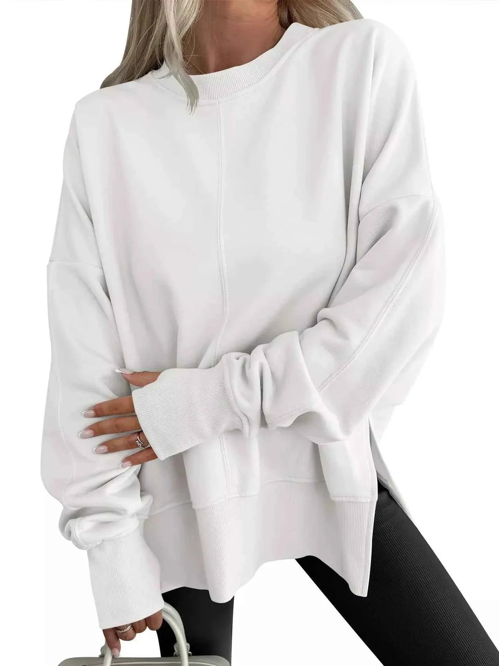 Side Slit Round Neck Long Sleeve Sweatshirt THRIXINE