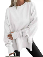 Side Slit Round Neck Long Sleeve Sweatshirt THRIXINE
