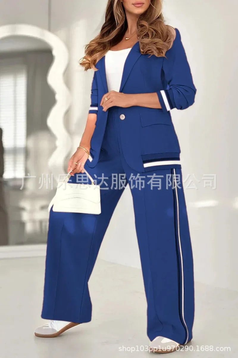 Women Suit Jacket 2 Piece Sets Striped Blazer Coat Turn Down Collar Single Breasted Wide Leg Pants Ensemble Office Lady Outfits Purplish Diva