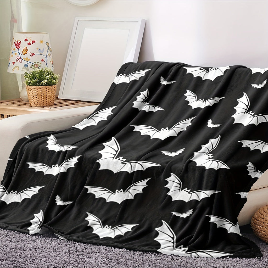 1pc Black And White Bat Pattern Blanket, Warm Cozy Soft Throw Blanket For Couch Bed Sofa