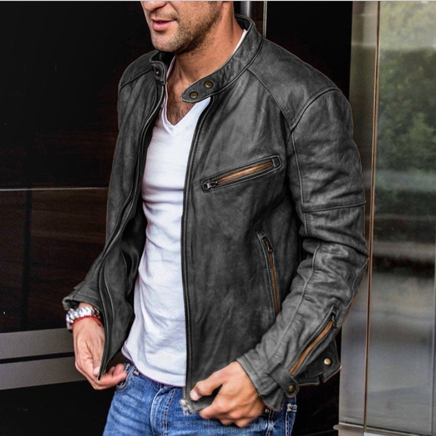 Fall Winter Men PU Leather Stand Collar Punk Pi-Mart