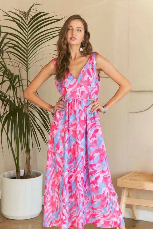 New Summer Abstract Floral V-Neck Maxi Dress – Elegant, Artistic Print, Flattering Silhouette, Sophisticated Glamour Stevvex