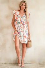 Pink Floral Ruffle Sleeve V Neck High Waist Mini Dress