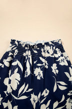 Blue Floral Smocked Frill Waist Wide Leg Pants