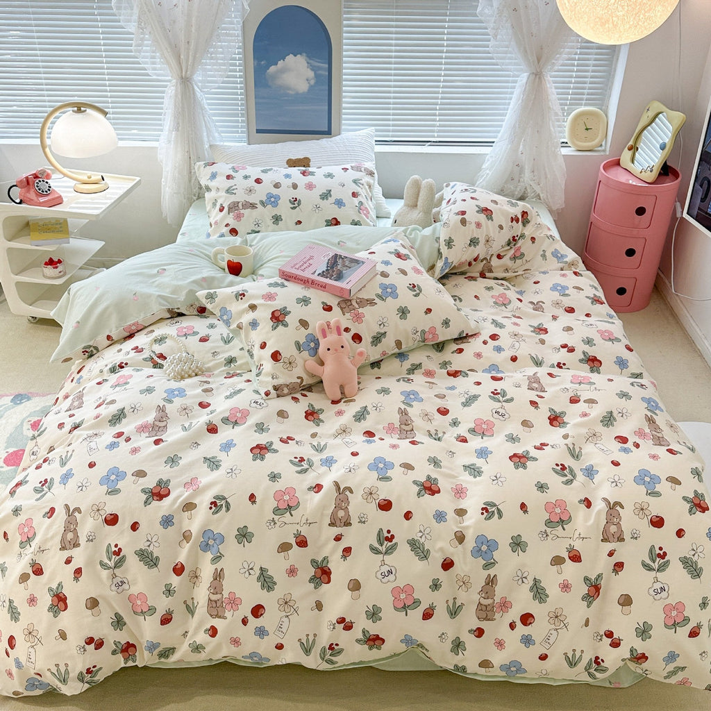 Cute Floral Rabbit Cotton Four-piece Set Pastoral Cotton Quilt Cover Bed Sheet Three-piece Set Pi-Mart