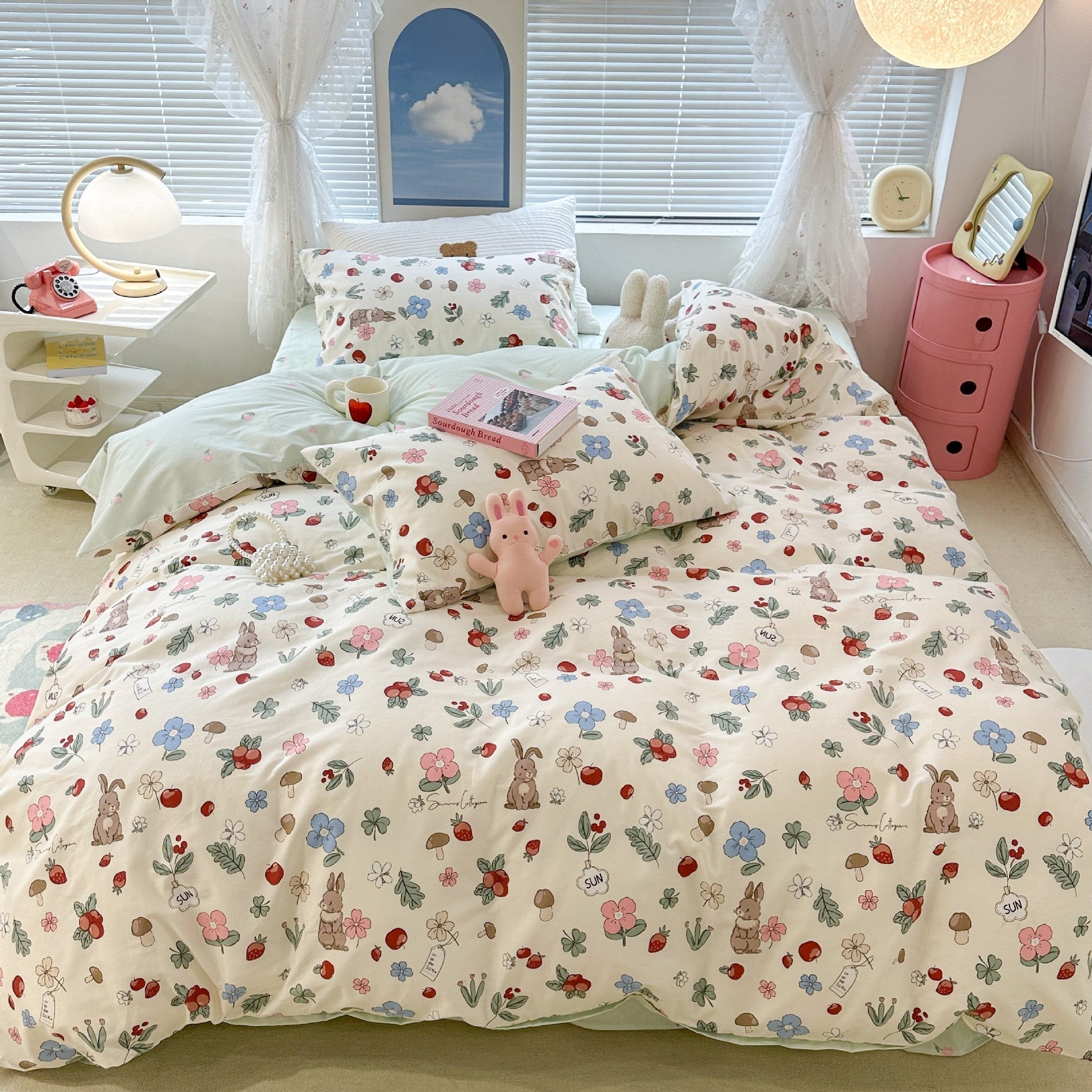 Cute Floral Rabbit Cotton Four-piece Set Pastoral Cotton Quilt Cover Bed Sheet Three-piece Set Pi-Mart