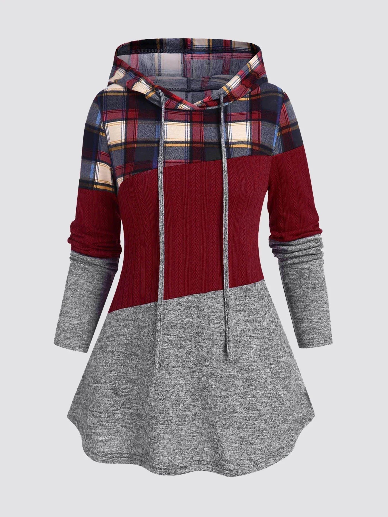 Plus Size Womens Suit Hooded Sweatshirts Colorblock Plaid Print Hoodie Drawstring Textured Tops Imitation Denim Pants Set L-5XL Purplish Diva