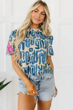 Beige Embroidered Puff Sleeve Frilled Neck Printed Top | Femstylo