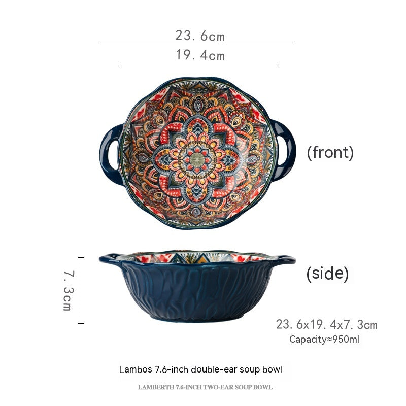 Yellow Green Wave Tree Pattern Flower Hand Painted Underglaze Binaural Ceramic Not Hot Hand Noodle Bowl Pi-Mart