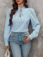 Striped Tie Neck Long Sleeve Blouse – Femstylo - SJB-DIAMOND ELITES