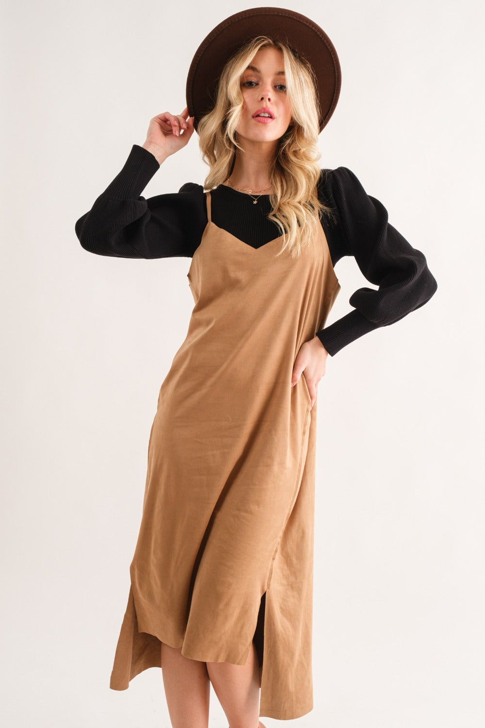 Faux Suede Cut Edge Slit Cami Midi Dress – Elegant Midi Dress, Faux Suede Dress, Chic Slit Dress, Sophisticated Dress, Versatile Cami Dress Stevvex