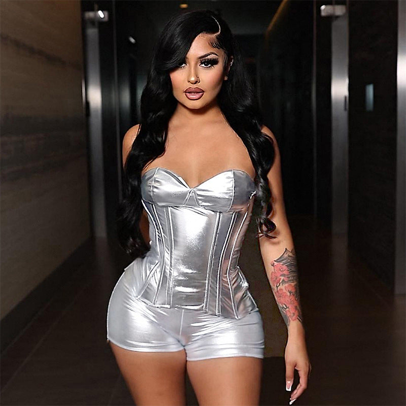 Faux Leather Metallic Body Shaping Tube Top Casual Shorts Two-piece Suit Pi-Mart