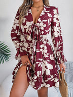 Feminine Lilac Ruffled Printed Long Sleeve Dress Summer Cute Midi Dress