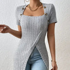 Ladies' Versatile Solid Color Elegant Style Square Neck Button Detail Wrapped Edge Slit Long T-shirt Top - SJB-DIAMOND ELITES