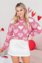 Pink Pearl Heart Print Valentines Crew Neck Sweater