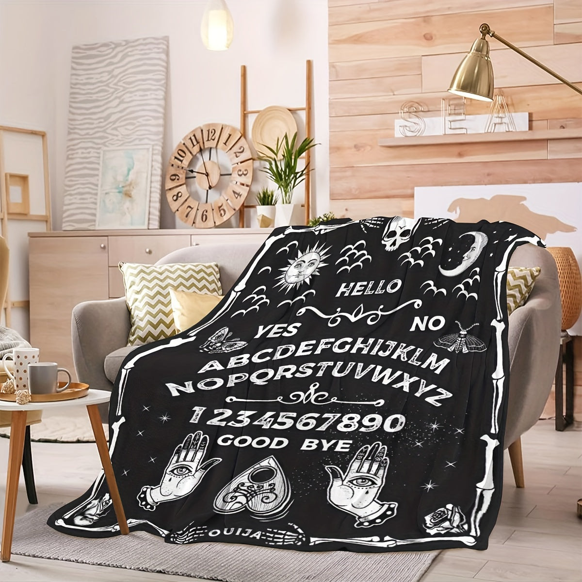 1pc Halloween Blanket Black Gothic Spooky Goth Palmistry Witchy Boho Sun Moon Star Horror Skull Cool Mysterious Throw Blanket For Living Room & Bedroom, Home Decor, Travel Lootquake LLC