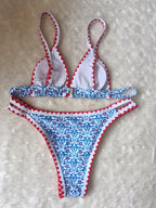 New Blossom Charm High-Cut Bikini Set For Summer – Strapless Floral Print Swimsuit with Elegant Embroidered Cut-Out Triangular Top Contrast Trim and Back Buckle – Women’s 2-Piece Summer Beachwear Stevvex