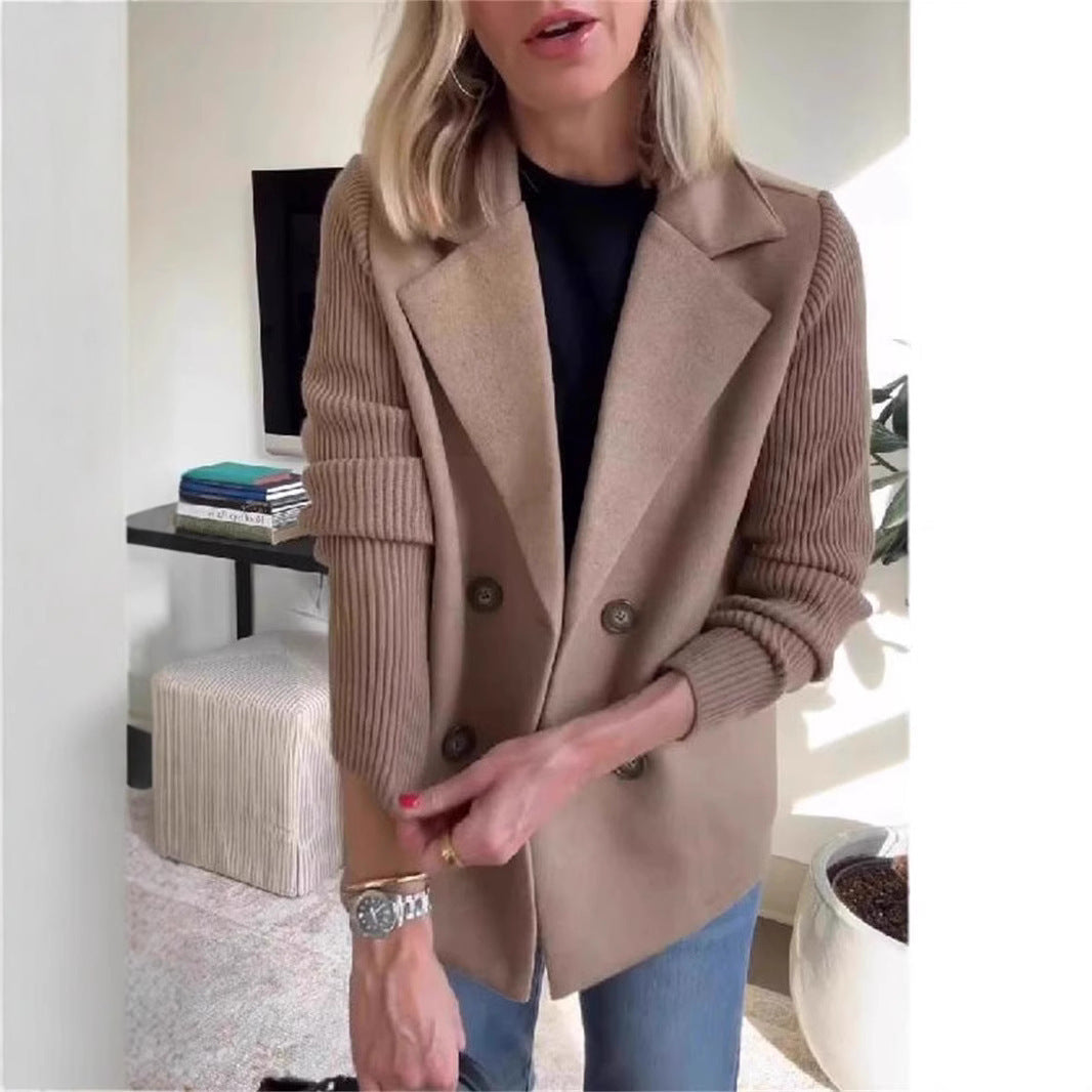 Double Breasted Lapel Jacket Fashion Knitted Sleeves Splicing Design Coat Outerwear Women's Clothing Pi-Mart