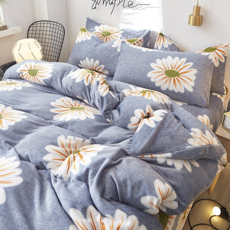 Flannel Bed Sheet Cover, Quilt Cover, Pillowcase And Bedding Set Of 4 Pi-Mart