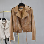 Cropped Hem Belt Snakeskin Leather Biker Jacket Pi-Mart