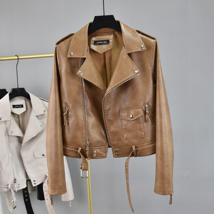 Cropped Hem Belt Snakeskin Leather Biker Jacket Pi-Mart