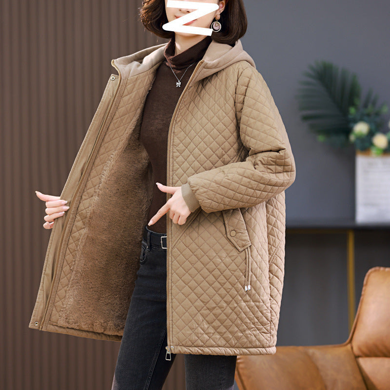 Women's Rhombus Cotton-padded Mid-length Loose Fleece-lined Pi-Mart