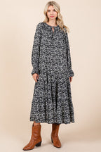 Printed Tie Neck Flounce Sleeve Midi Dress For Women – Fluttering, Feminine and Playful Midi Dress with Ruffled Details