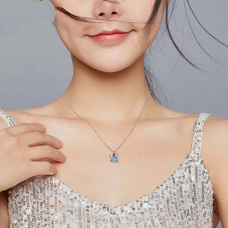 S925 Sterling Silver Blue Bear Necklace Lively And Cute Pi-Mart